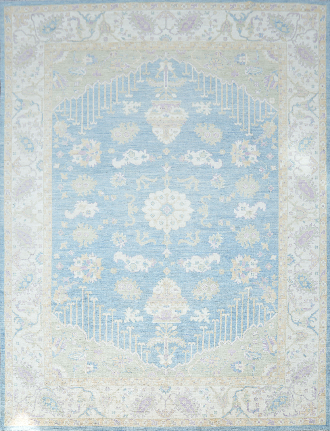 Hand-Knotted Blue Oushak Turkish Area Rug - 9x12 Vegetable Dye Wool Rug