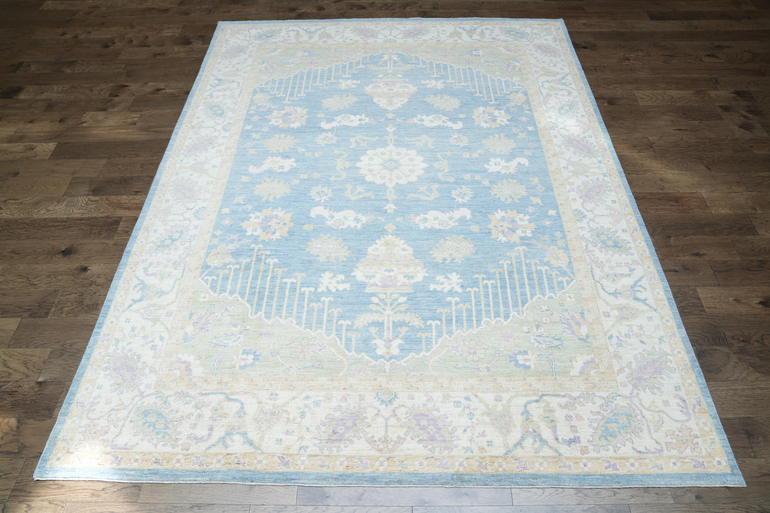 Hand-Knotted Blue Oushak Turkish Area Rug - 9x12 Vegetable Dye Wool Rug