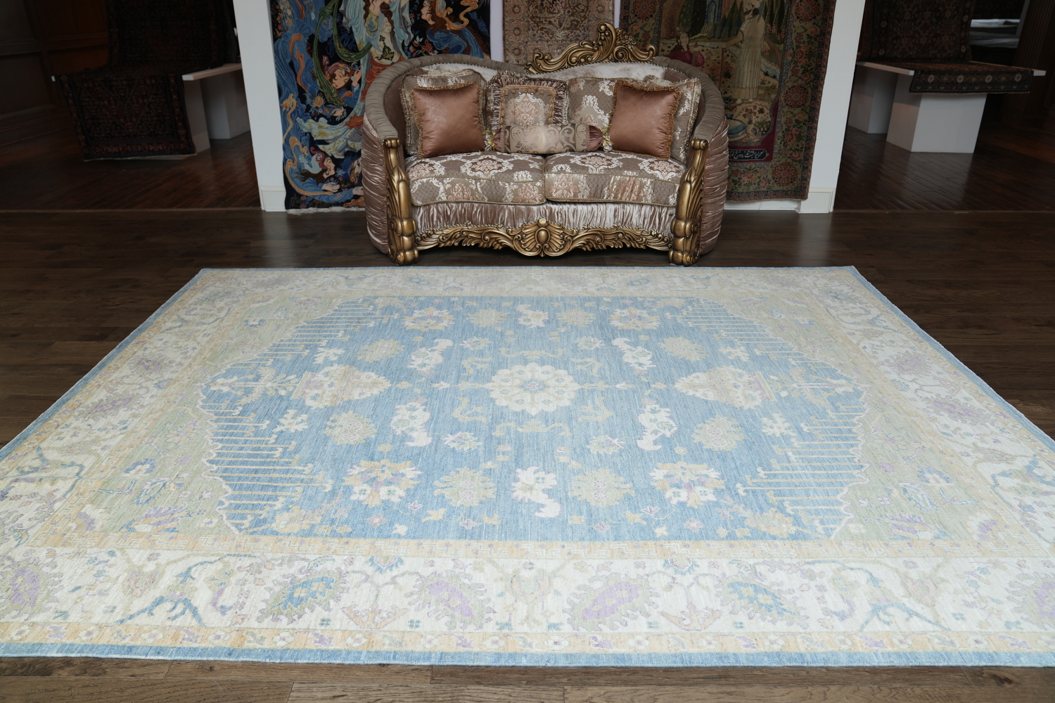 Hand-Knotted Blue Oushak Turkish Area Rug - 9x12 Vegetable Dye Wool Rug