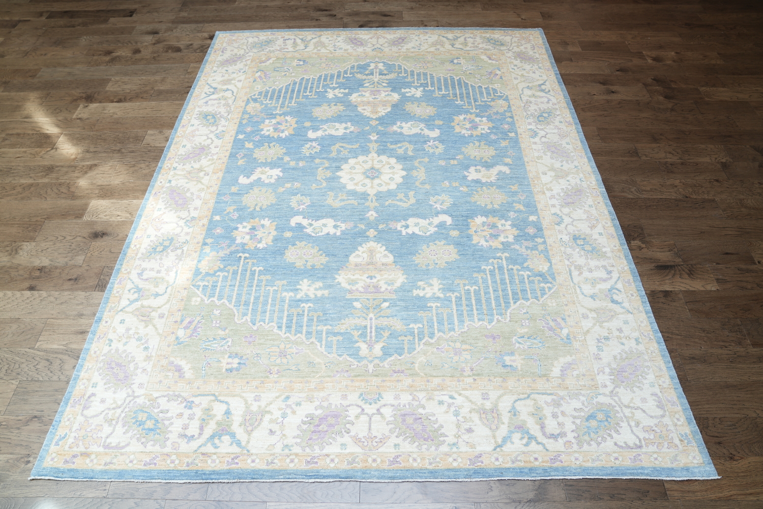Hand-Knotted Blue Oushak Turkish Area Rug - 9x12 Vegetable Dye Wool Rug
