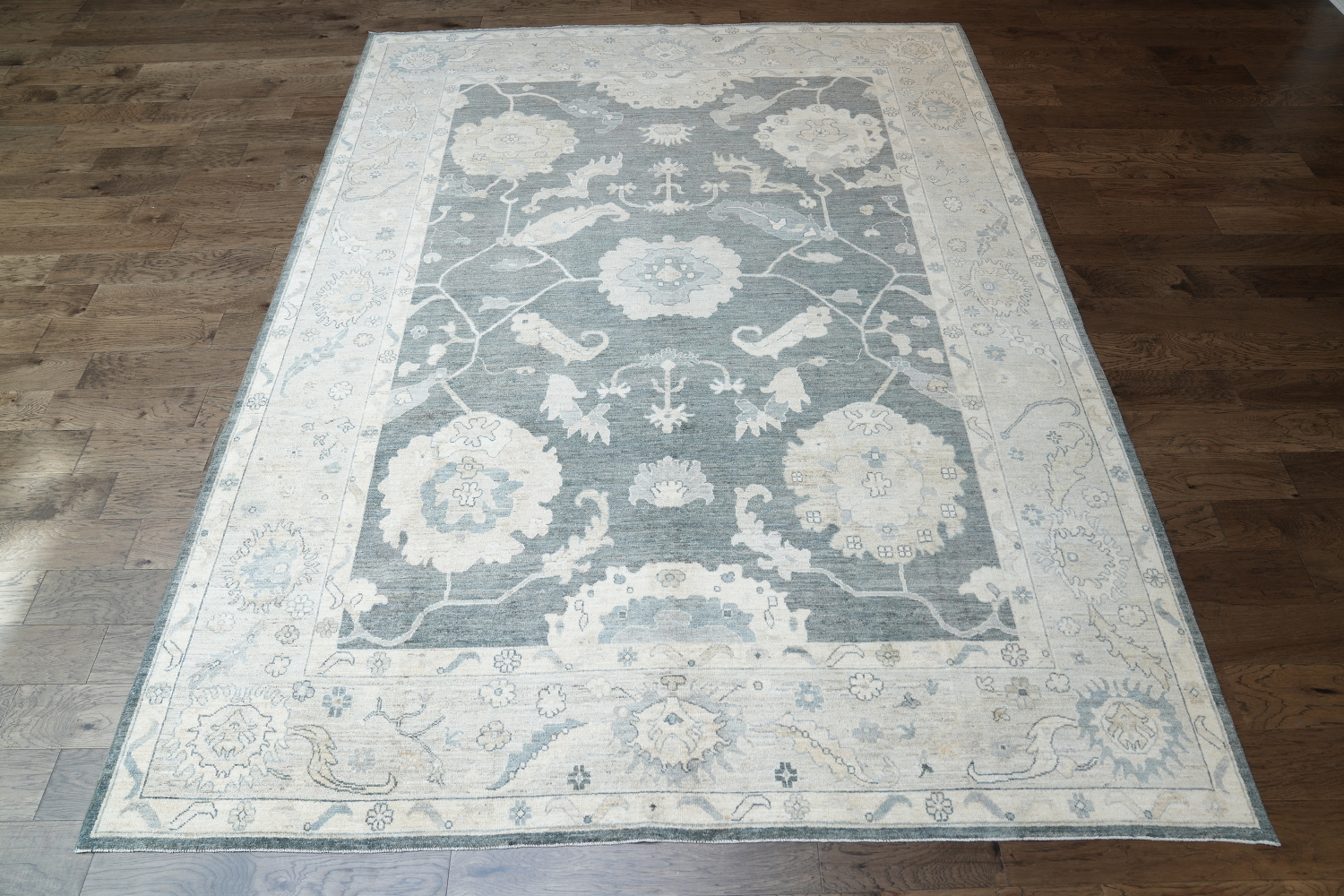 Sophisticated Gray and Beige Oushak Turkish Rug 9x12 ft