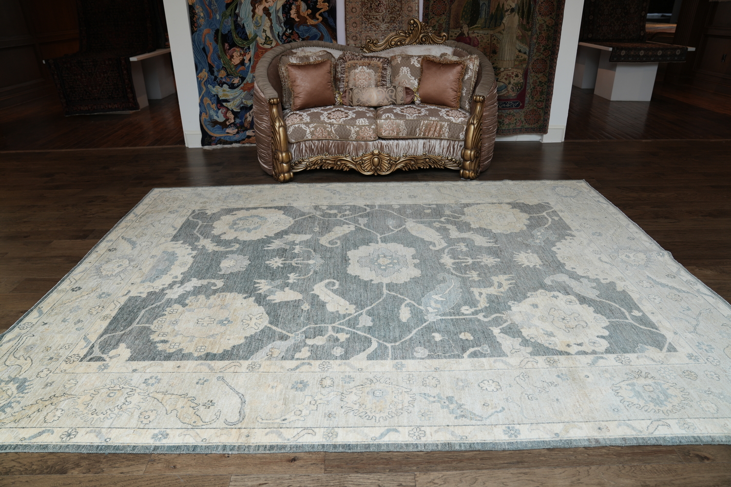 Sophisticated Gray and Beige Oushak Turkish Rug 9x12 ft
