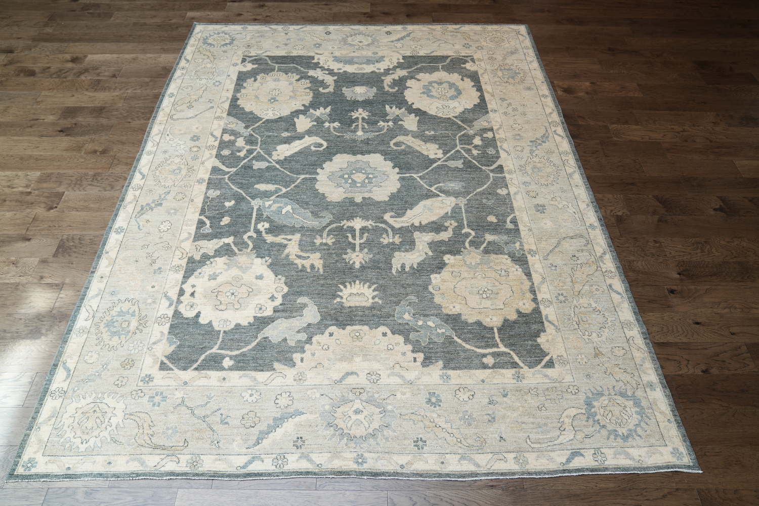 Sophisticated Gray and Beige Oushak Turkish Rug 9x12 ft