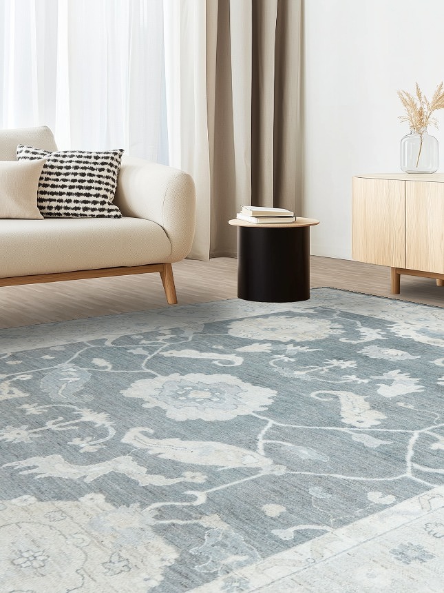 Sophisticated Gray and Beige Oushak Turkish Rug 9x12 ft