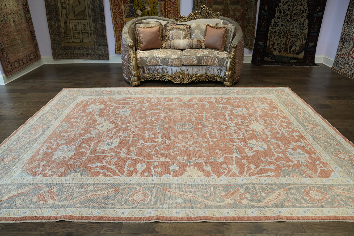 Orange Oushak Vegetable Dye Wool Area Rug 9x12 Hand-Knotted Turkish