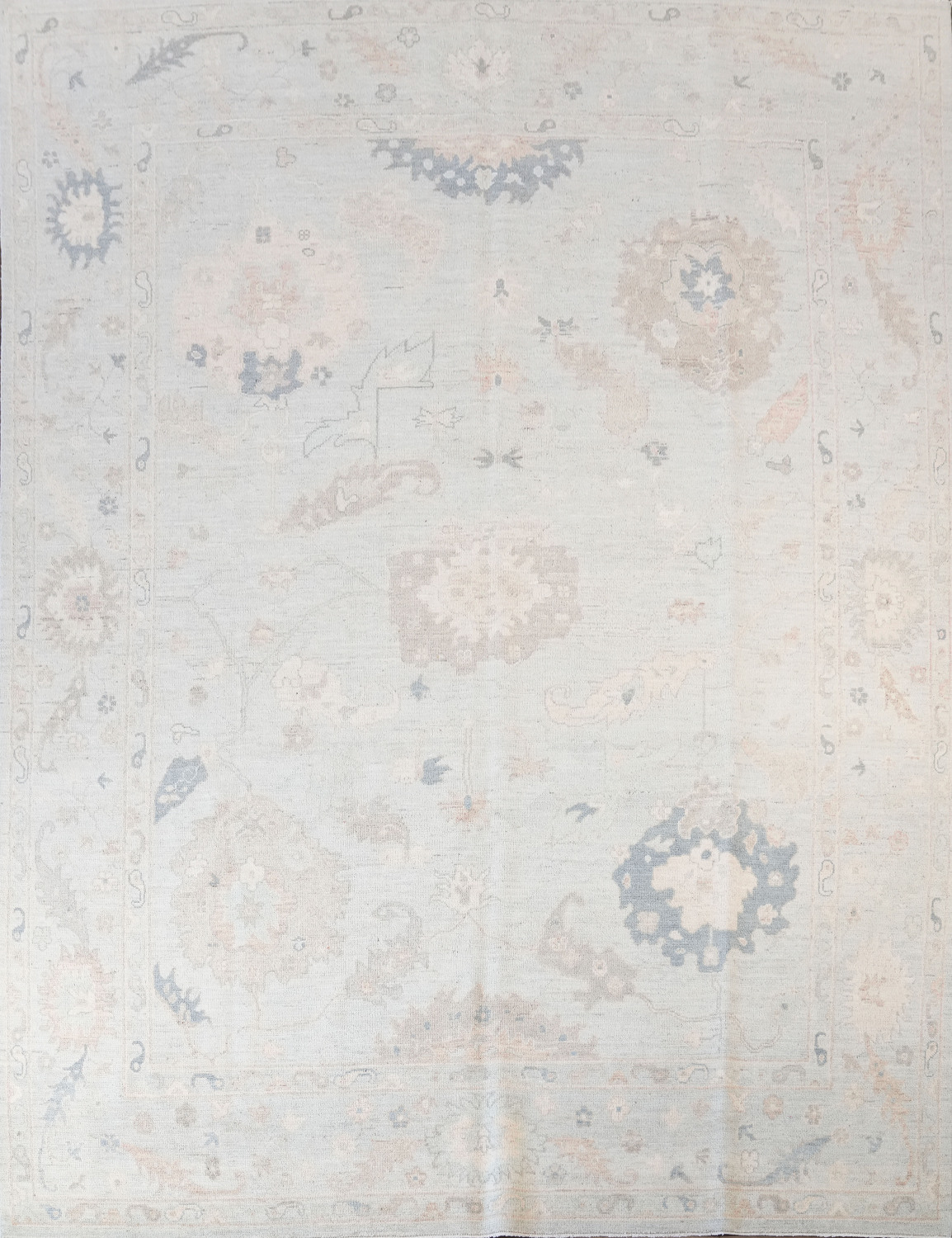 Luxurious Beige and Blue Oushak Turkish Living Room Rug 9x12 ft