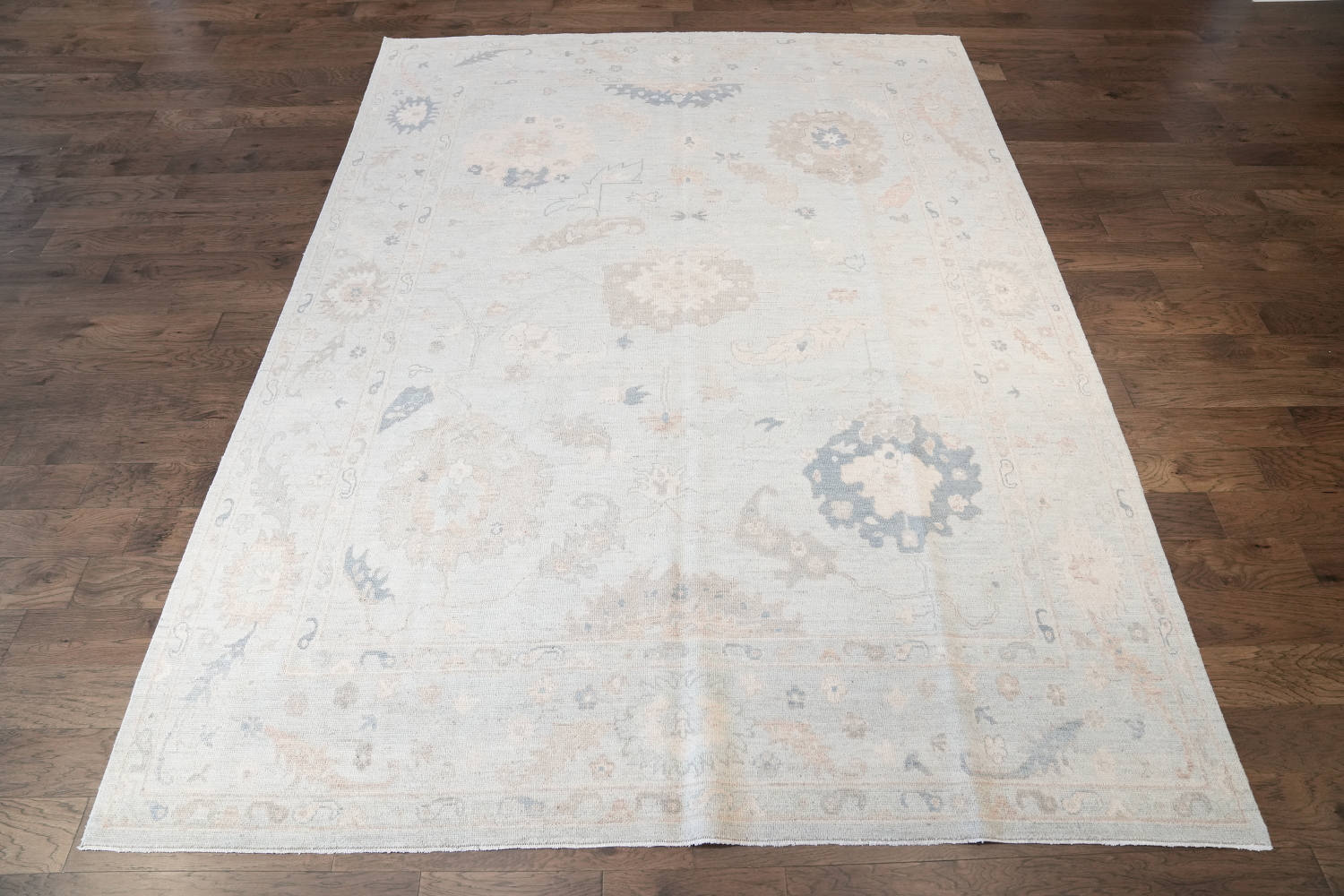 Luxurious Beige and Blue Oushak Turkish Living Room Rug 9x12 ft