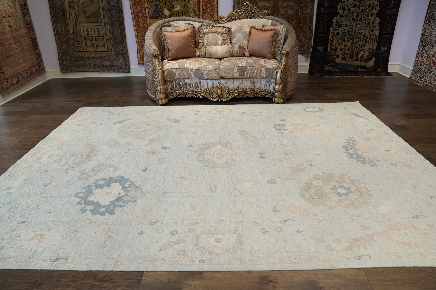Luxurious Beige and Blue Oushak Turkish Living Room Rug 9x12 ft