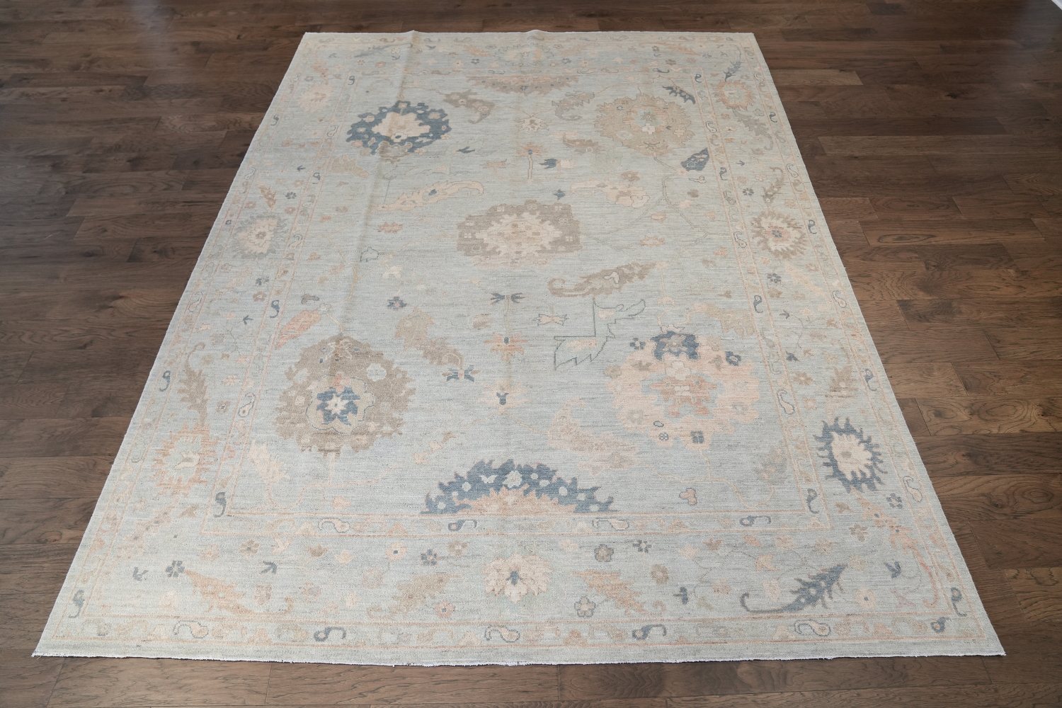 Luxurious Beige and Blue Oushak Turkish Living Room Rug 9x12 ft