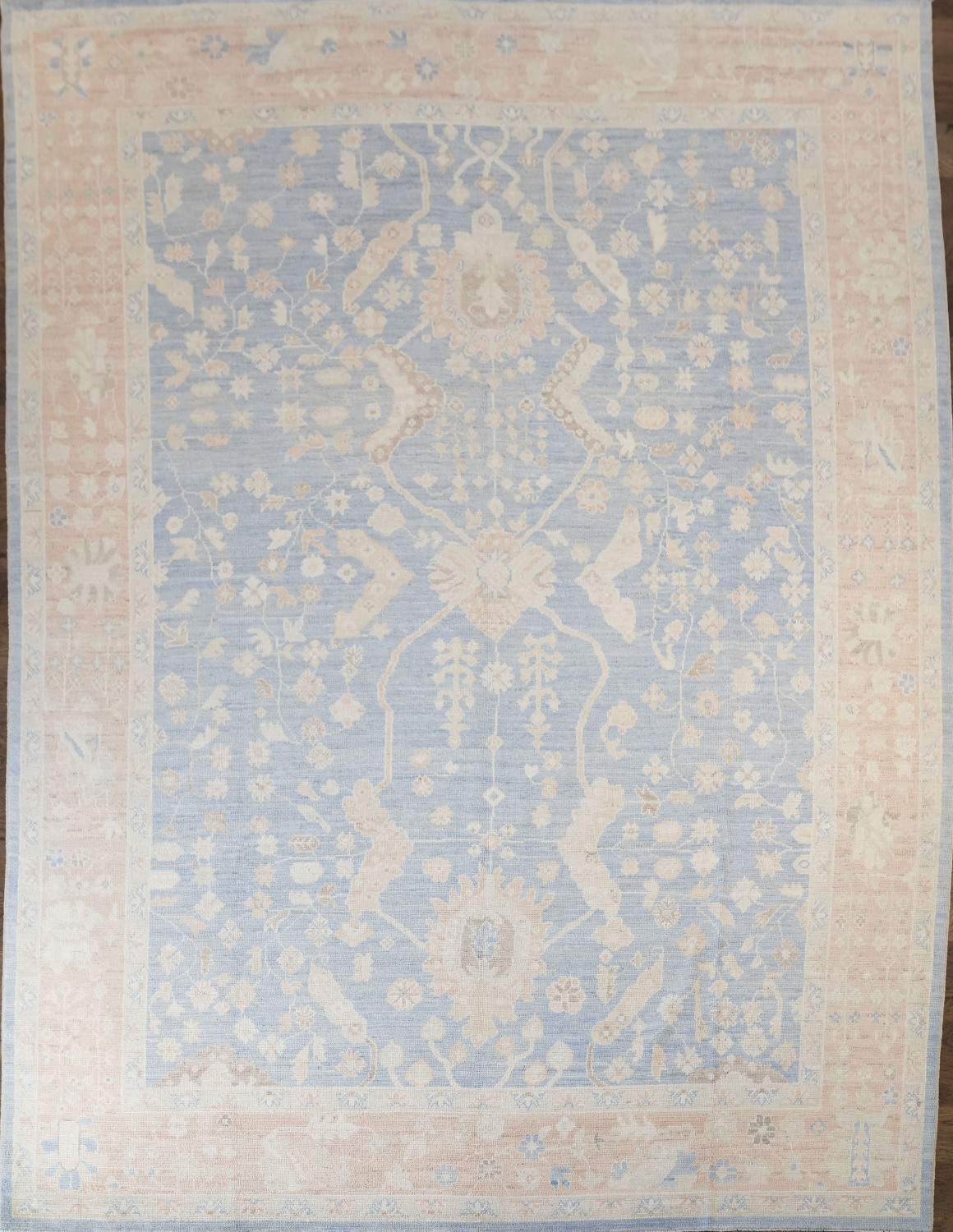 Hand-Knotted Blue Oushak Turkish Area Rug - 9x12 Vegetable Dye Wool Rug