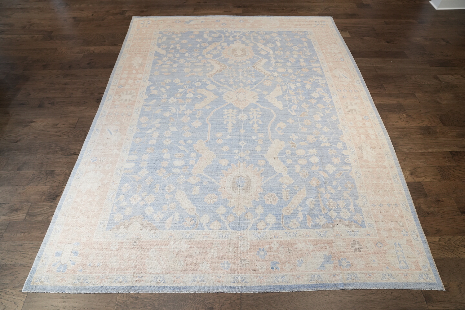 Hand-Knotted Blue Oushak Turkish Area Rug - 9x12 Vegetable Dye Wool Rug