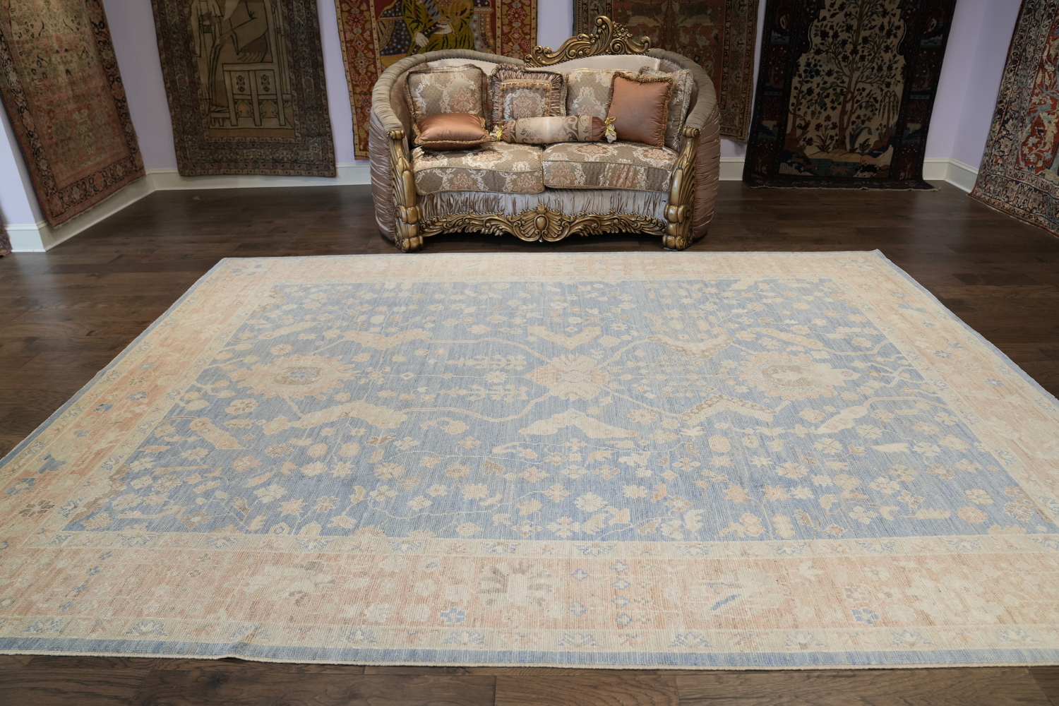 Hand-Knotted Blue Oushak Turkish Area Rug - 9x12 Vegetable Dye Wool Rug