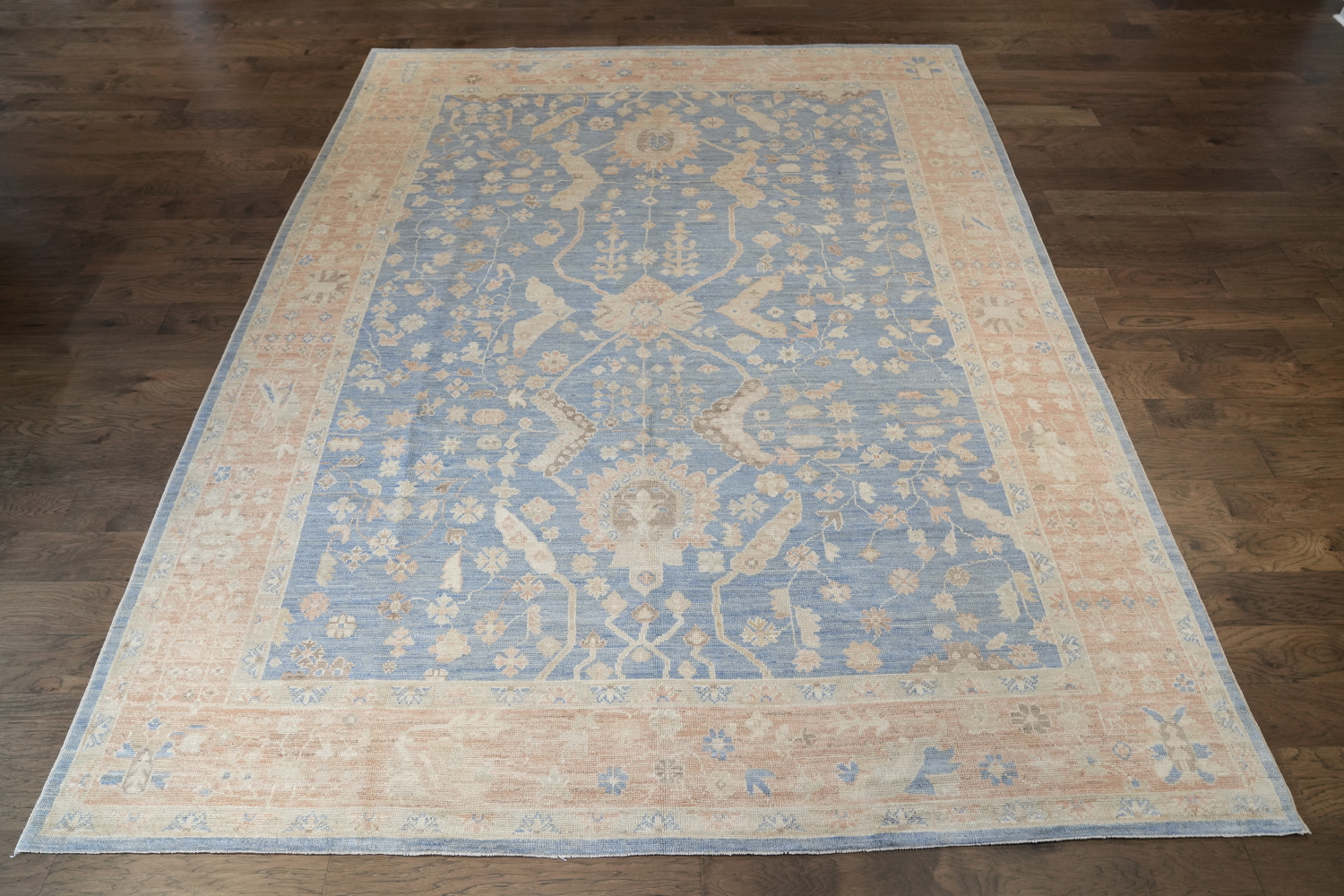 Hand-Knotted Blue Oushak Turkish Area Rug - 9x12 Vegetable Dye Wool Rug