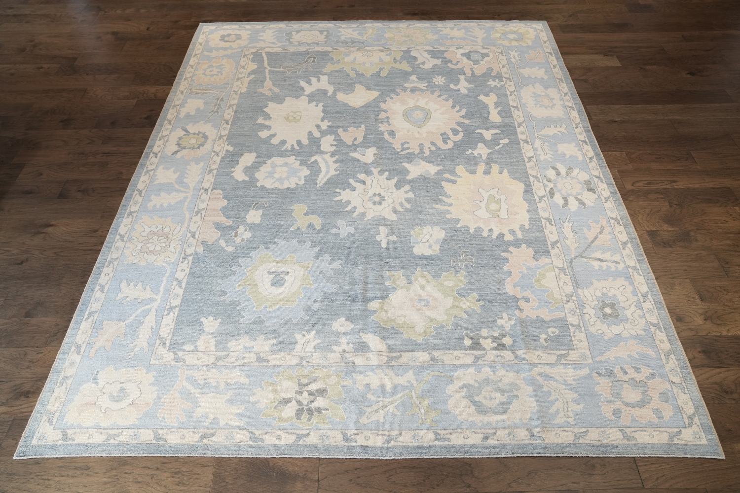 Luxurious hand-knotted Grey and Blue Oushak Turkish Rug 9x12 ft