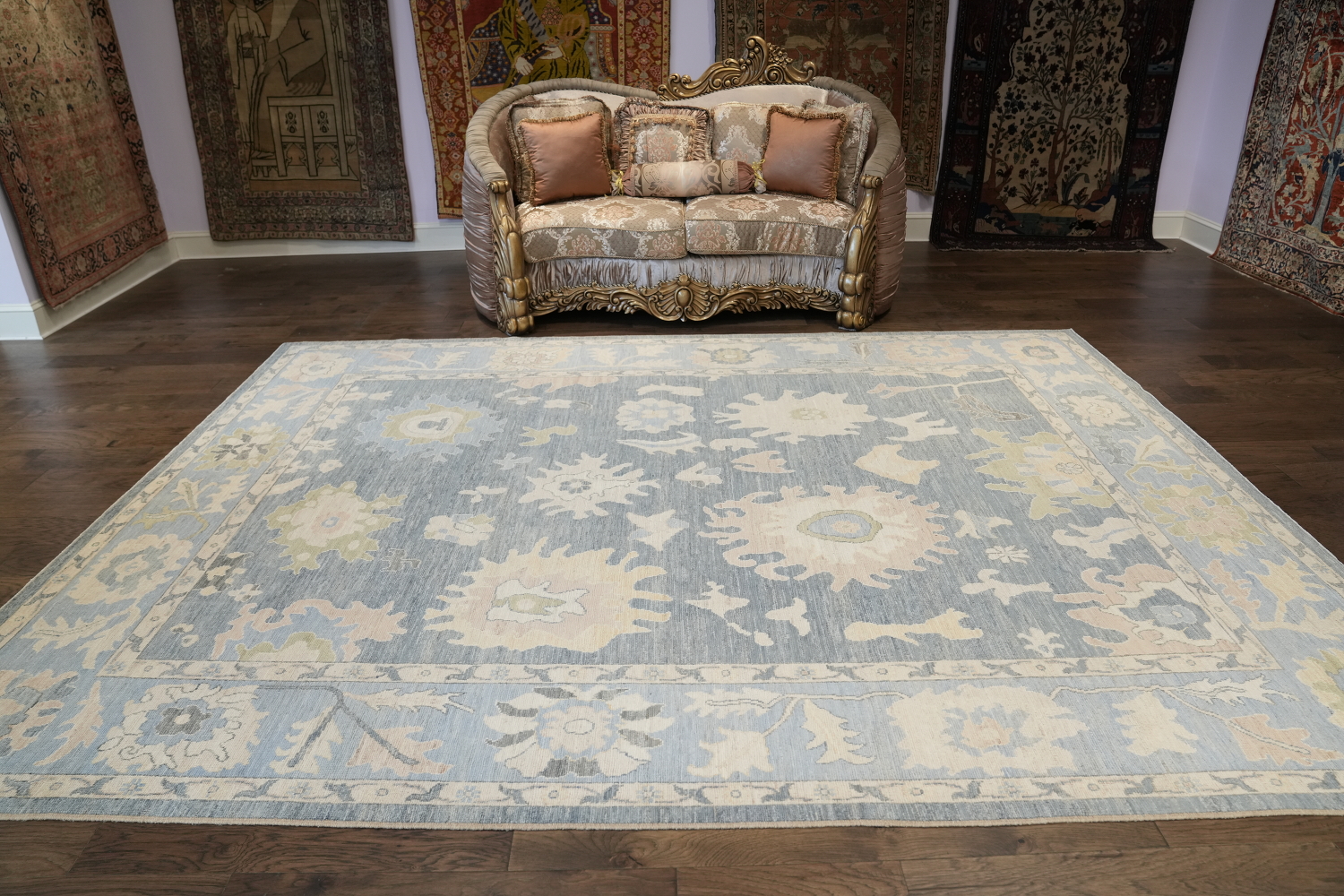 Luxurious hand-knotted Grey and Blue Oushak Turkish Rug 9x12 ft