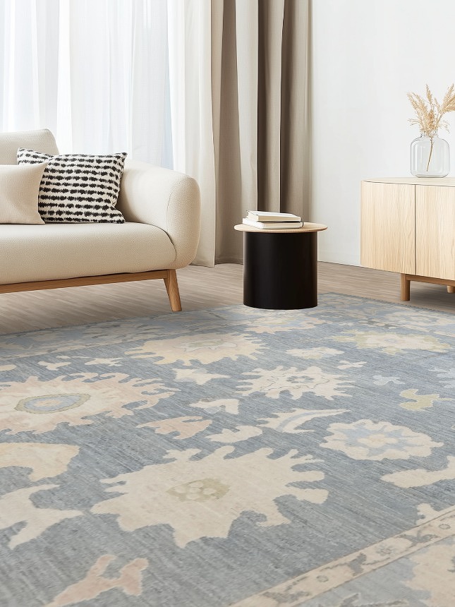 Luxurious hand-knotted Grey and Blue Oushak Turkish Rug 9x12 ft