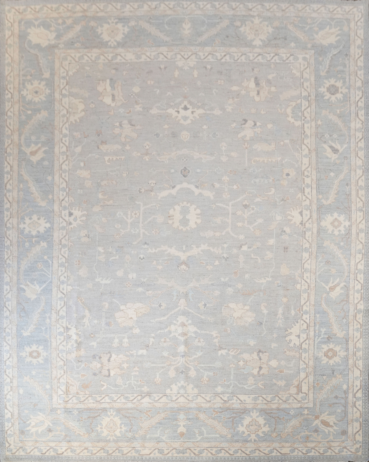 Elegant Silver and Beige Oushak Turkish Vegetable Dye Rug 9x12 ft