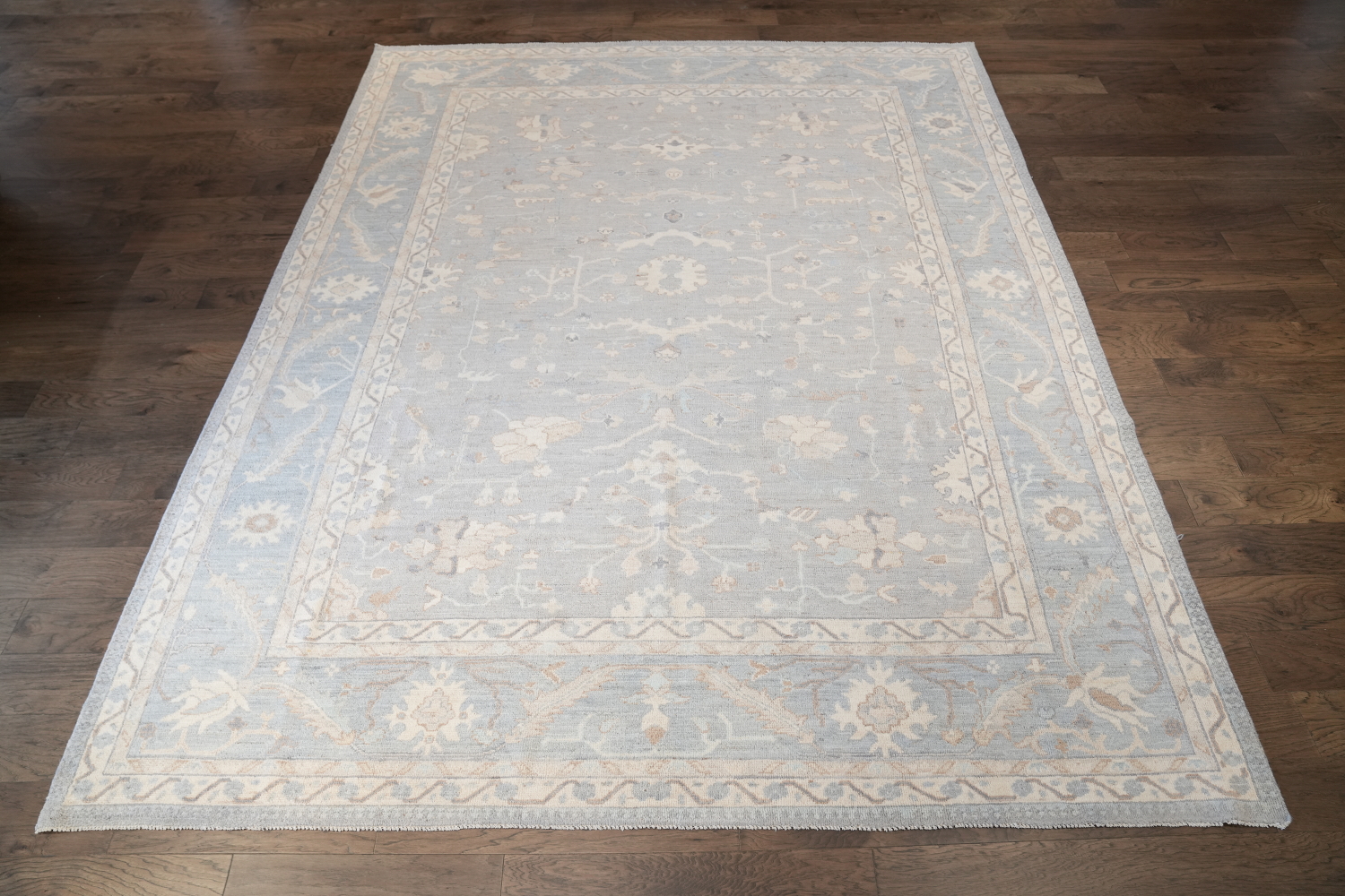 Elegant Silver and Beige Oushak Turkish Vegetable Dye Rug 9x12 ft