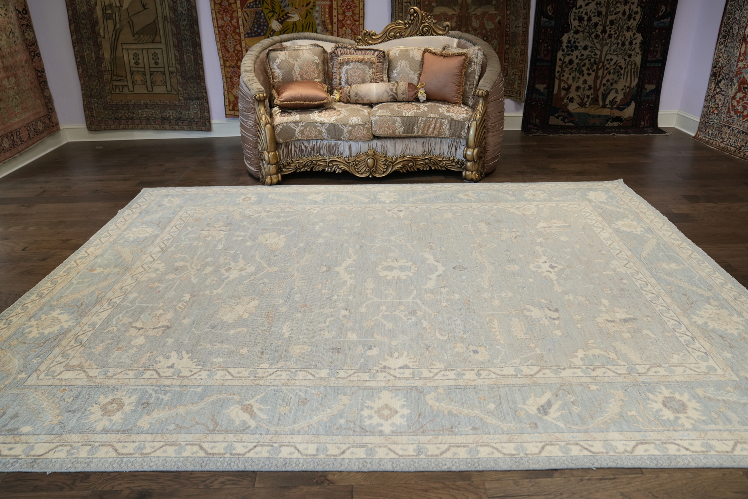 Elegant Silver and Beige Oushak Turkish Vegetable Dye Rug 9x12 ft