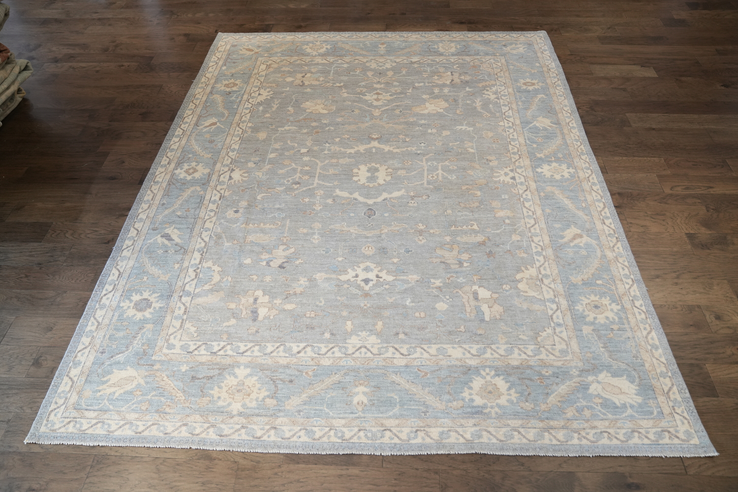 Elegant Silver and Beige Oushak Turkish Vegetable Dye Rug 9x12 ft