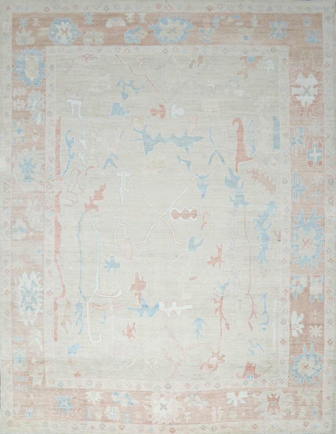 Elegant Beige and Pastel Blue Oushak Turkish Living Room Rug 9x12