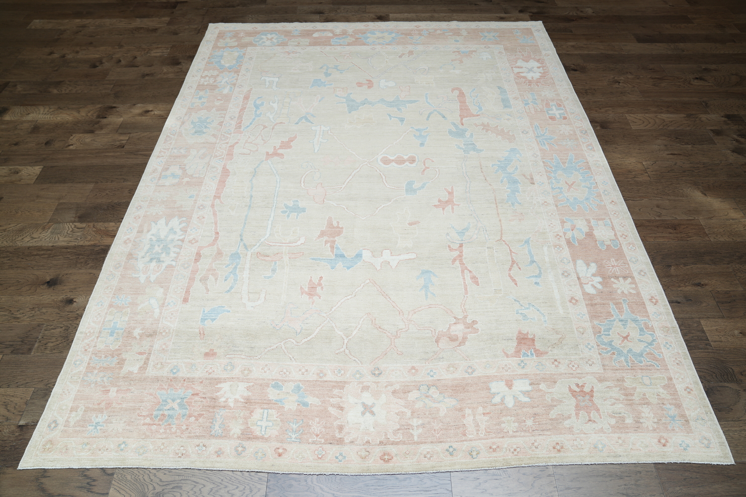 Elegant Beige and Pastel Blue Oushak Turkish Living Room Rug 9x12