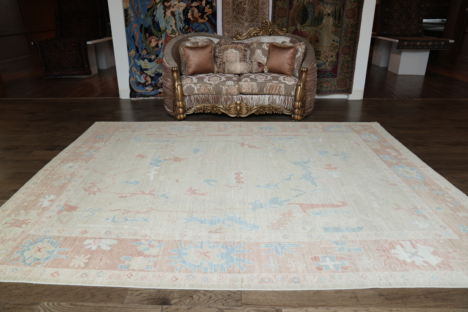 Elegant Beige and Pastel Blue Oushak Turkish Living Room Rug 9x12