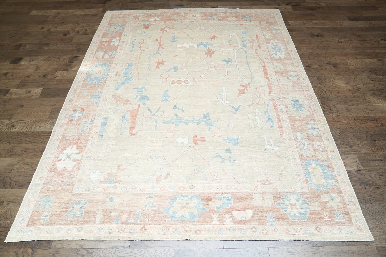Elegant Beige and Pastel Blue Oushak Turkish Living Room Rug 9x12