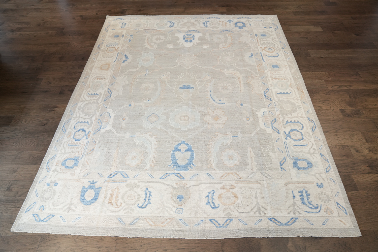 Elegant Blue and Grey Oushak Turkish Rug 9x12 ft