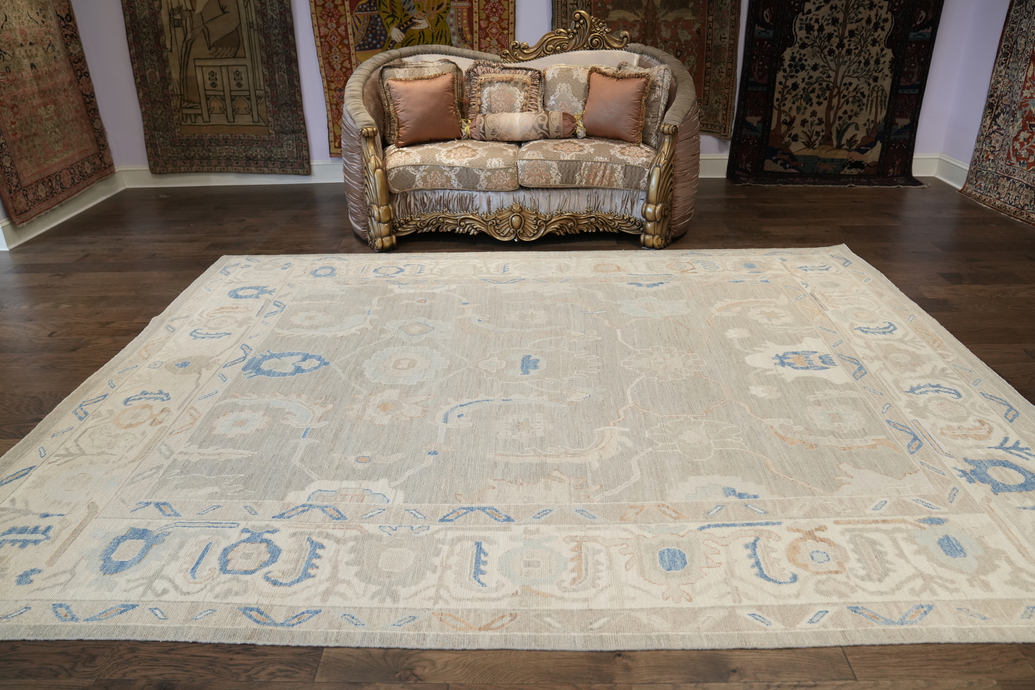 Elegant Blue and Grey Oushak Turkish Rug 9x12 ft