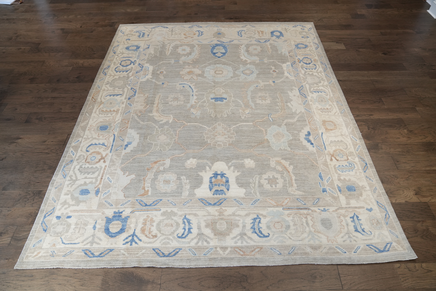 Elegant Blue and Grey Oushak Turkish Rug 9x12 ft