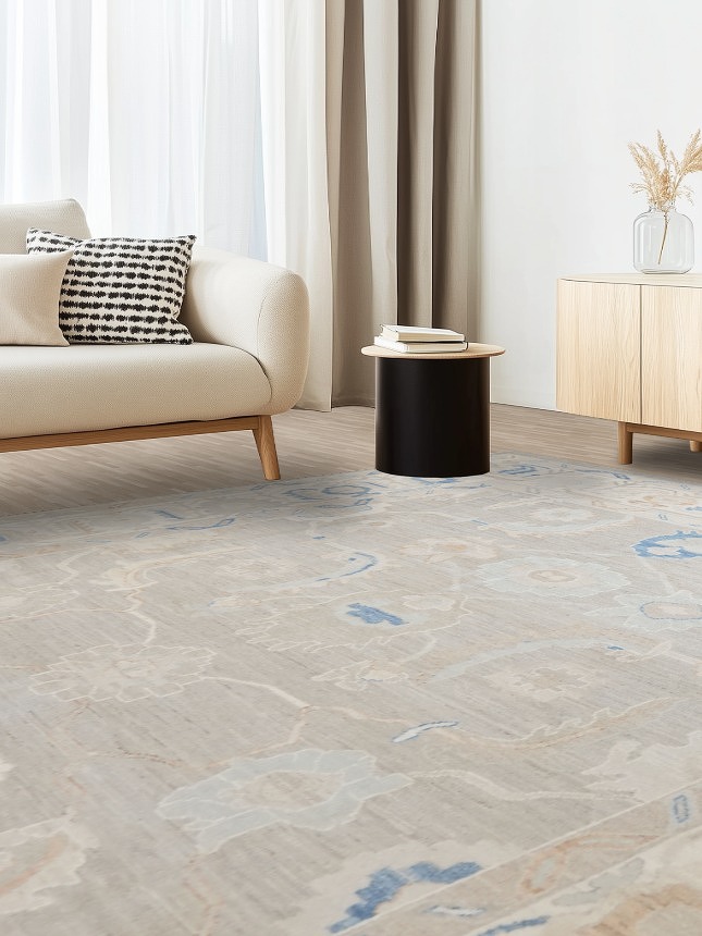 Elegant Blue and Grey Oushak Turkish Rug 9x12 ft