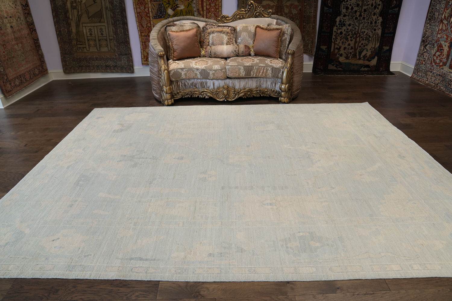 Muted Blue Vegetable Dye Oushak Turkish Area Rug 9x12
