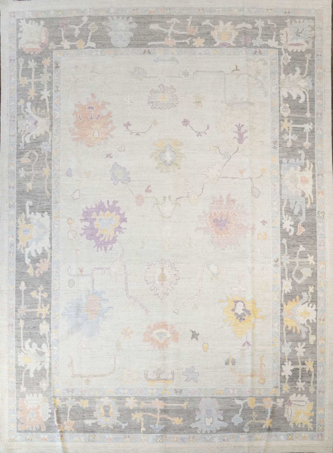 Ivory with Charcoal Border Oushak Turkish Area Rug 9x12