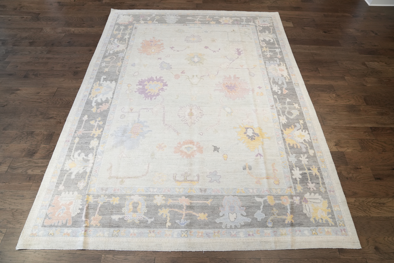 Ivory with Charcoal Border Oushak Turkish Area Rug 9x12