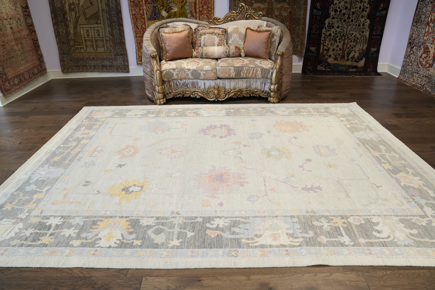 Ivory with Charcoal Border Oushak Turkish Area Rug 9x12