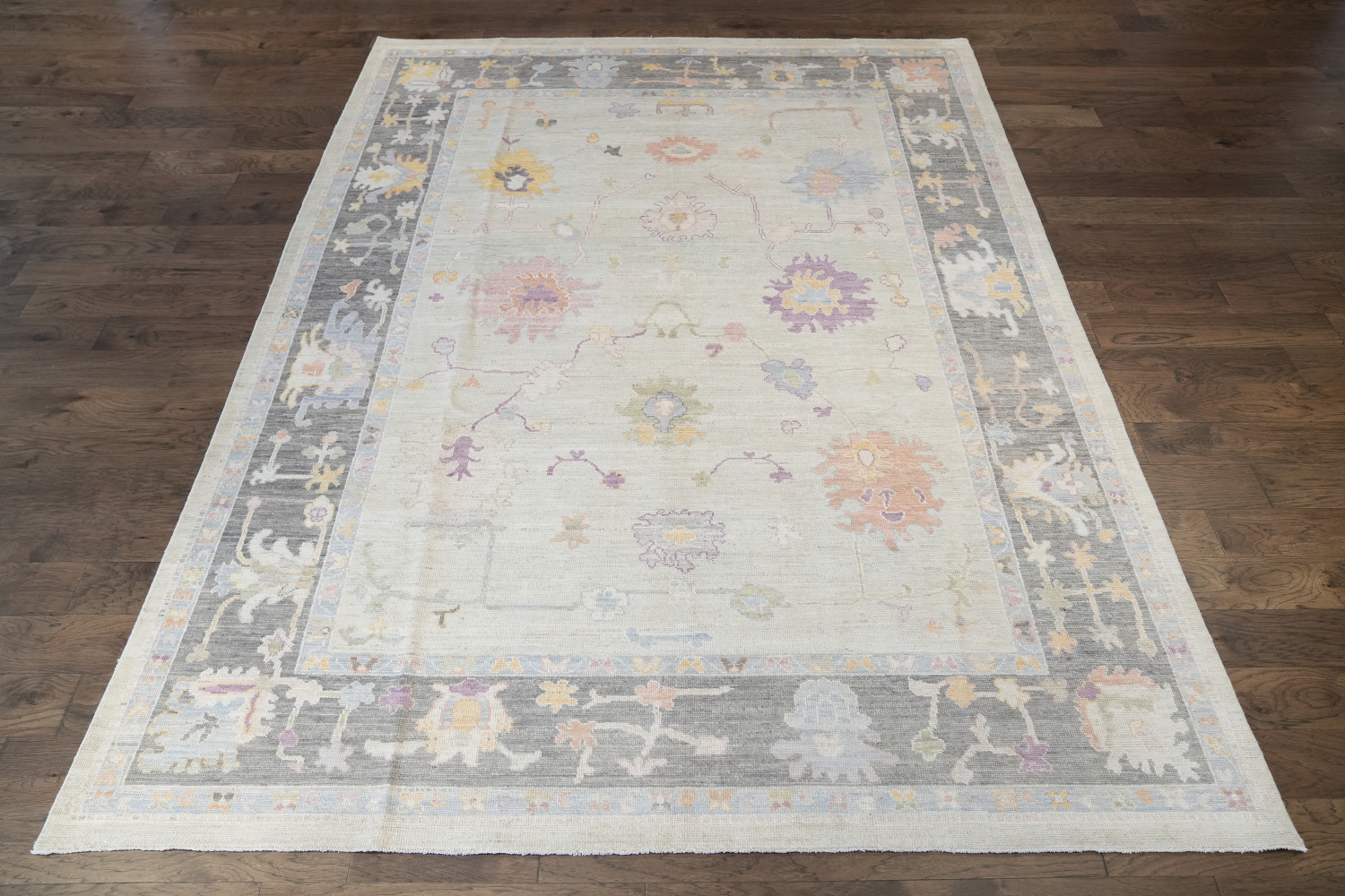 Ivory with Charcoal Border Oushak Turkish Area Rug 9x12