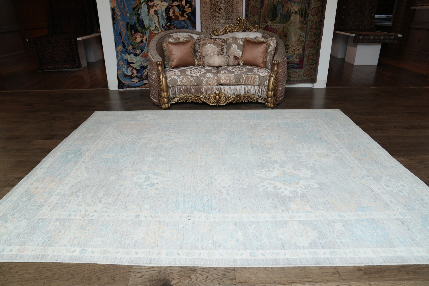 Vintage-Style Pale Neutral Grey Oushak Turkish Large Rug 9x12 ft