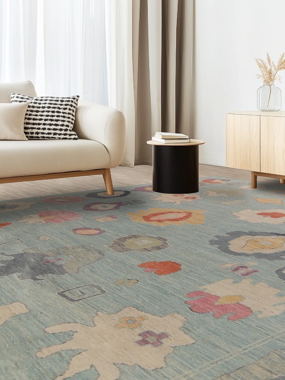 Light Blue Oushak Vegetable Dye Turkish Large Rug 10x14