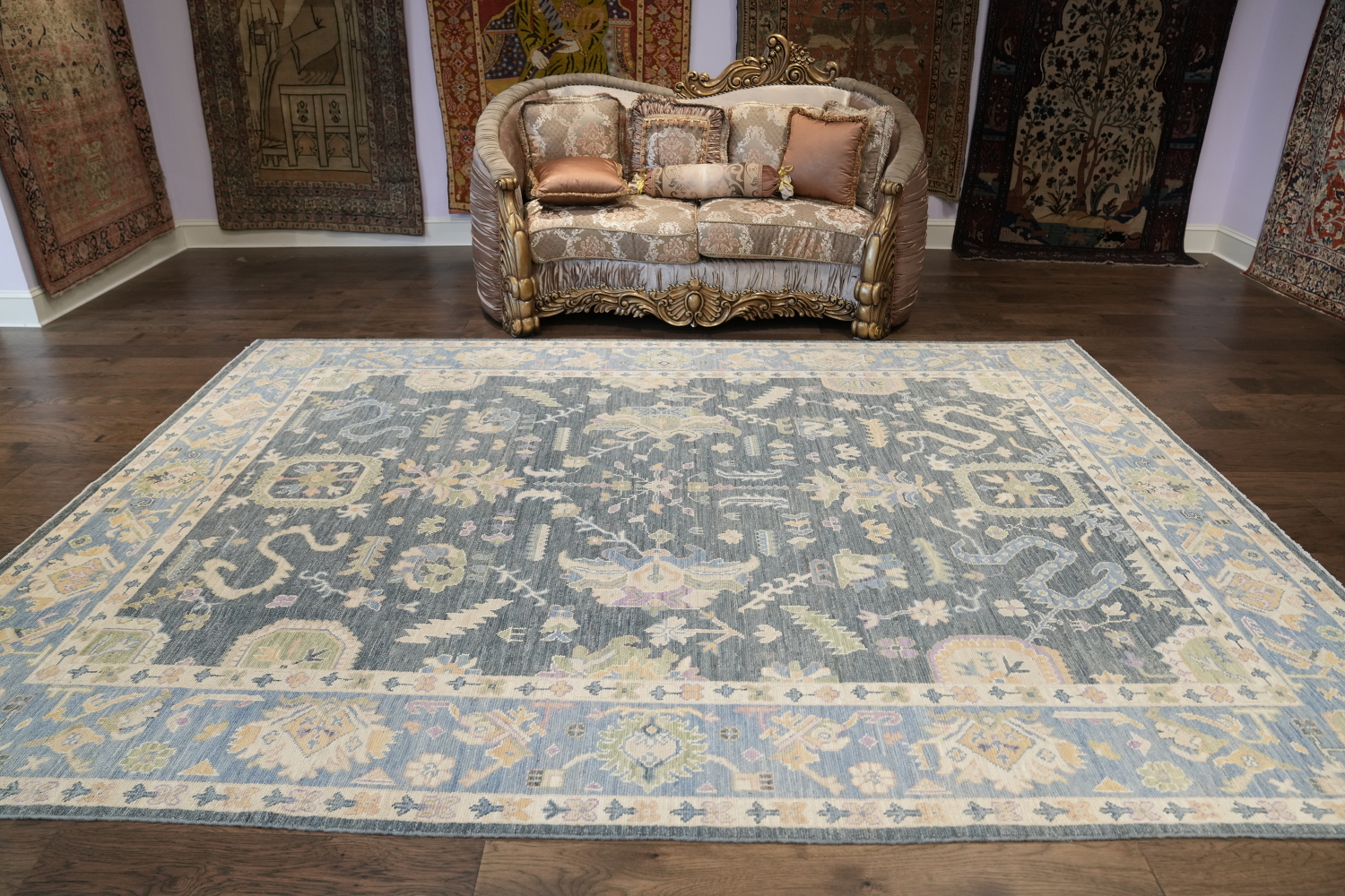 Vegetable Dye Dark Grey and  Lilac Oushak Turkish Area Rug 9x12