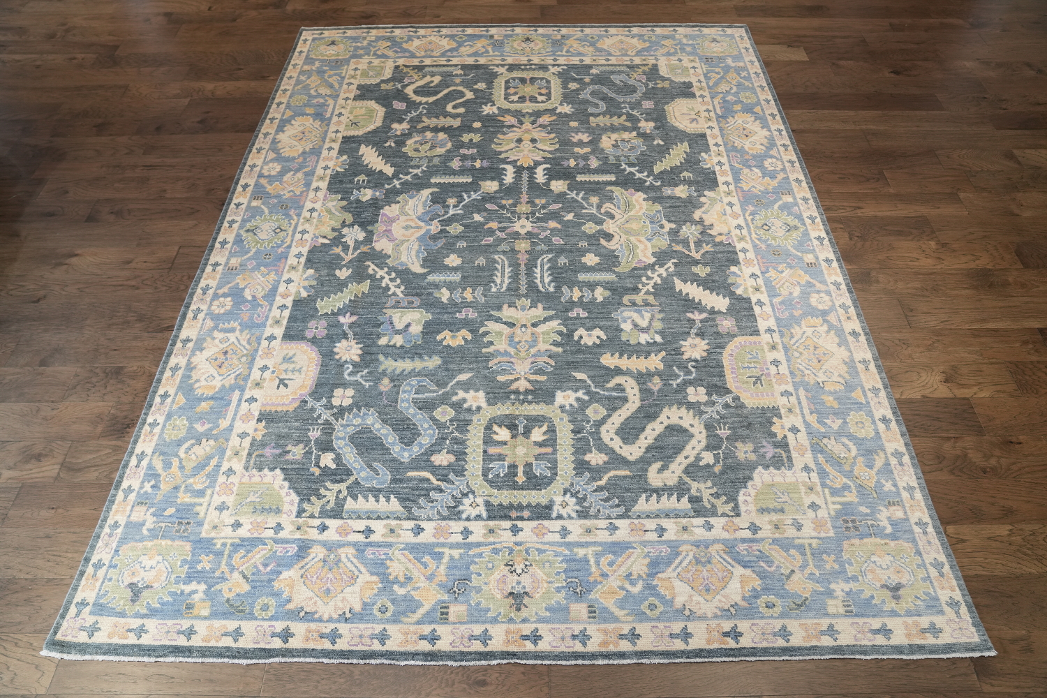 Vegetable Dye Dark Grey and  Lilac Oushak Turkish Area Rug 9x12