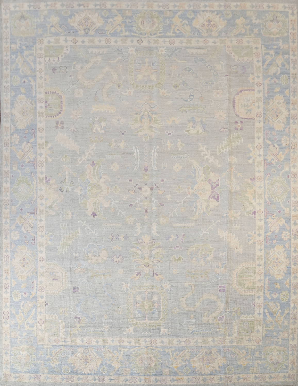 Pastel Toned Muted Grey Oushak Turkish Hand Knotted Rug 9x12 ft
