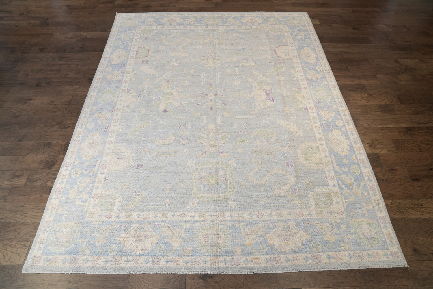 Pastel Toned Muted Grey Oushak Turkish Hand Knotted Rug 9x12 ft