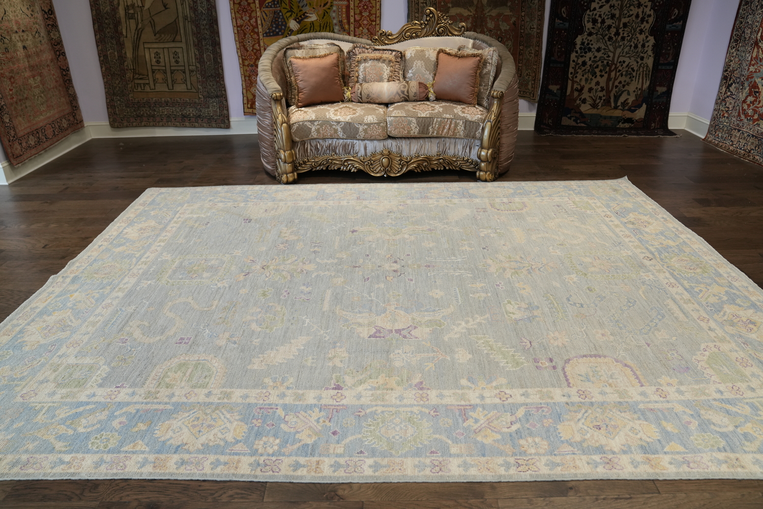 Pastel Toned Muted Grey Oushak Turkish Hand Knotted Rug 9x12 ft
