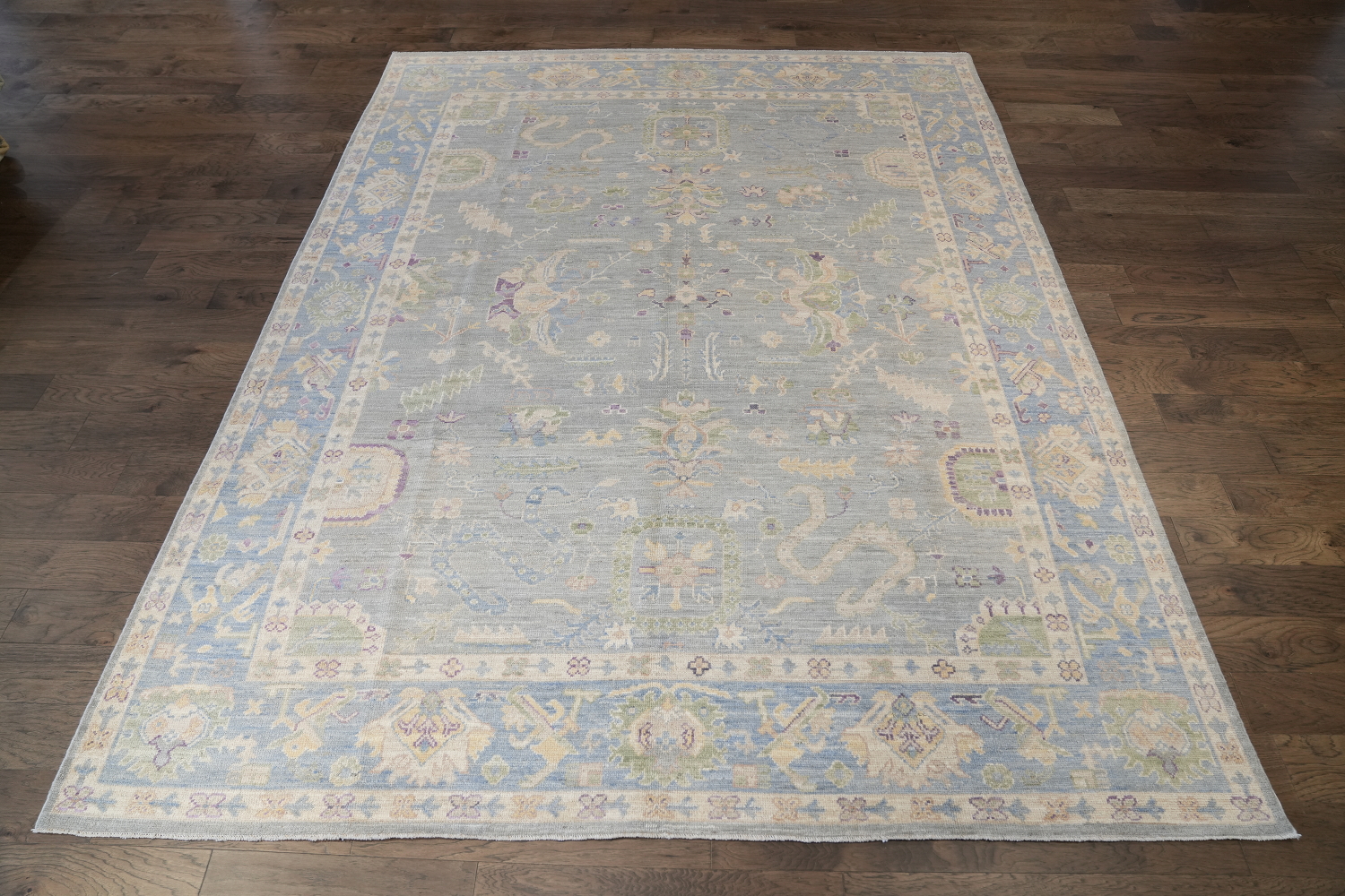 Pastel Toned Muted Grey Oushak Turkish Hand Knotted Rug 9x12 ft
