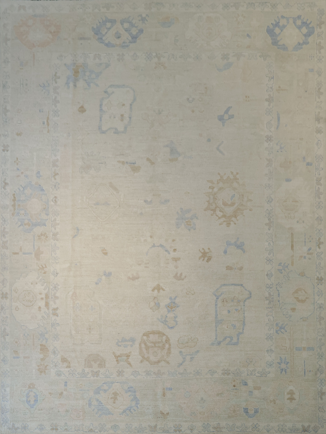 Classic Beige Oushak Turkish Rug Featuring Soft Blue Traditional Motifs 9x12 ft