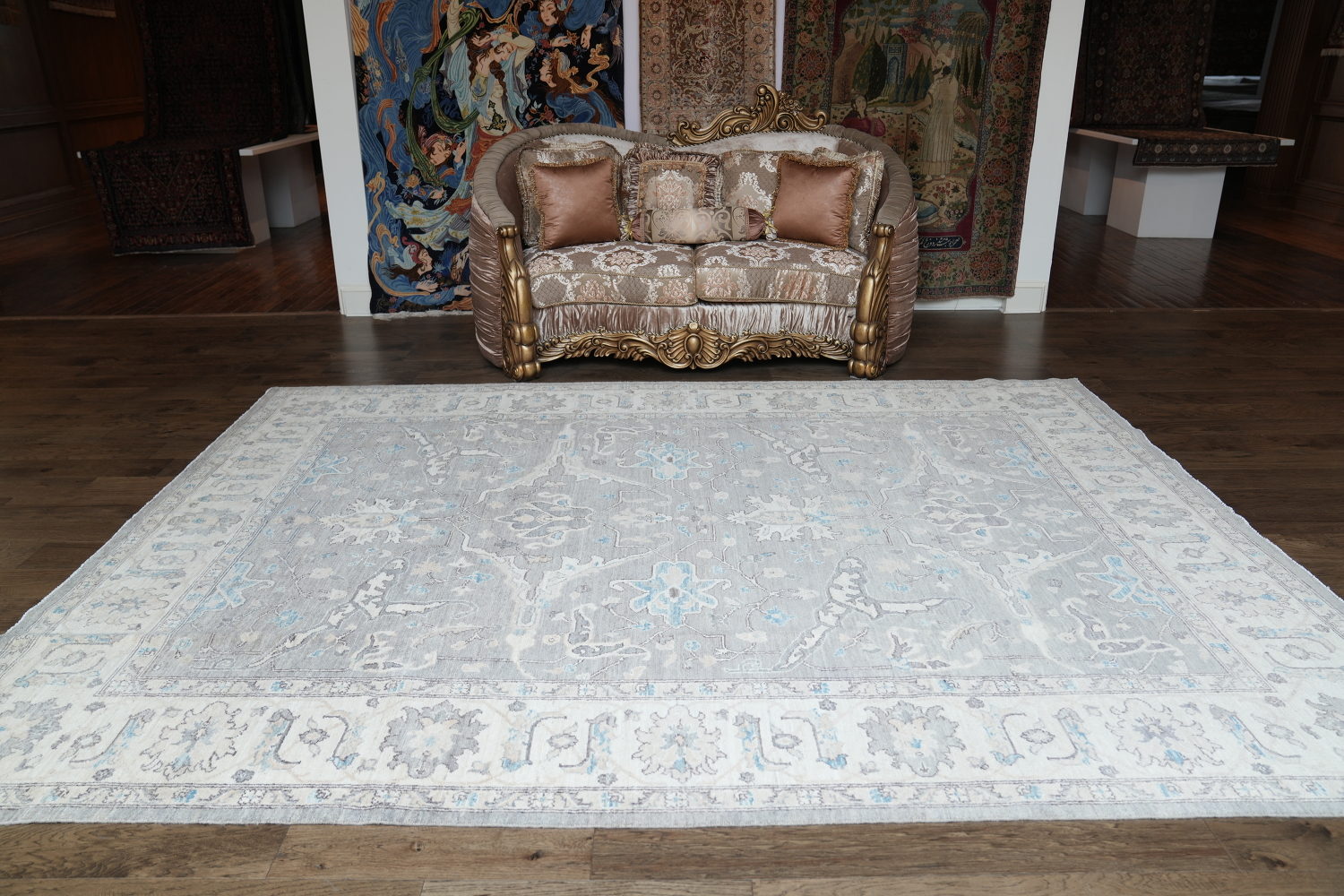Vegetable Dye Grey and White Oushak Turkish Area Rug 9x12