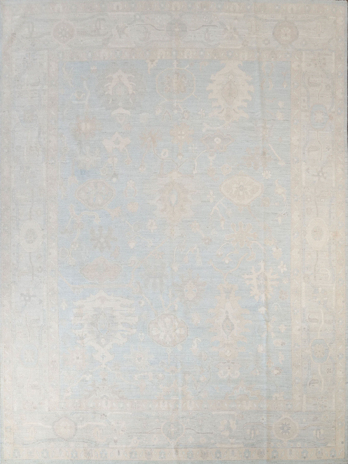 Muted Blue and White Oushak Turkish Living Room Rug 9x12