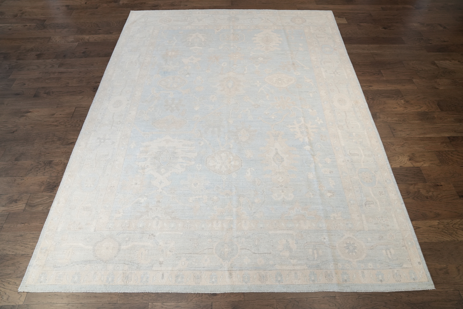 Muted Blue and White Oushak Turkish Living Room Rug 9x12
