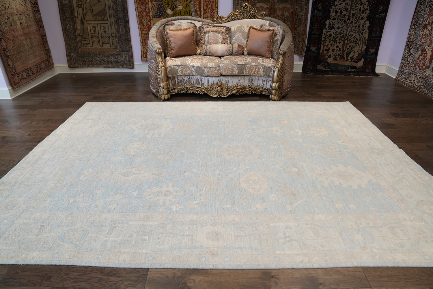 Muted Blue and White Oushak Turkish Living Room Rug 9x12